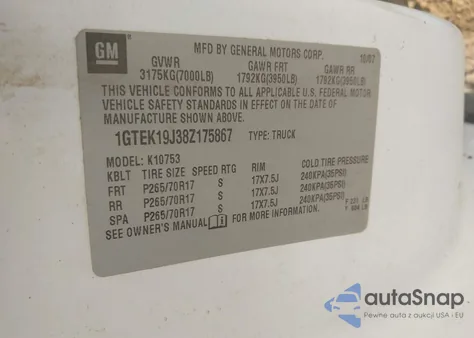 2008 GMC Sierra Sle1 z USA, uszkodzony, nr VIN 1GTEK19J38Z175867